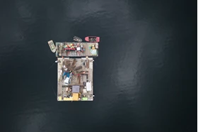 Drone shot of the barge with all the geo-technical survey equipment on it